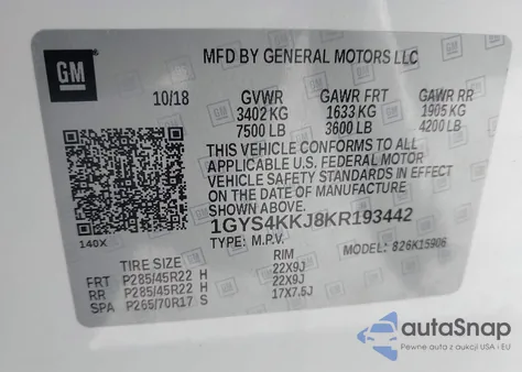 2019 Cadillac Escalade Esv Platinum z USA, uszkodzony, nr VIN 1GYS4KKJ8KR193442